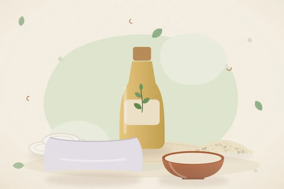 Illustrated still life with cotton pads, sesame seeds, a soft pillow.