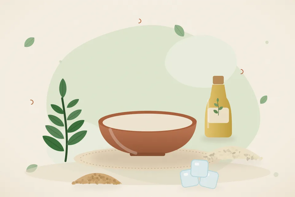 Illustrated still life with curry leaves, sesame seeds, chickpeas, ice.