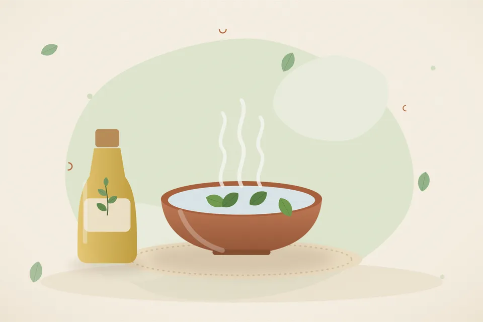 Illustrated Ayurvedic kitchen still life with a bowl, glass and traditional utensils.