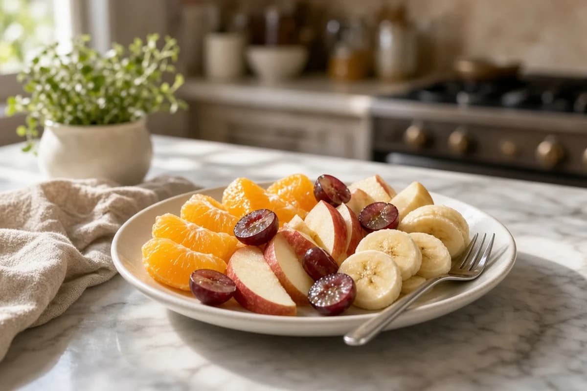 A white plate of cut orange segments, apple wedges, banana slices and a few halved grapes with a small fork.
