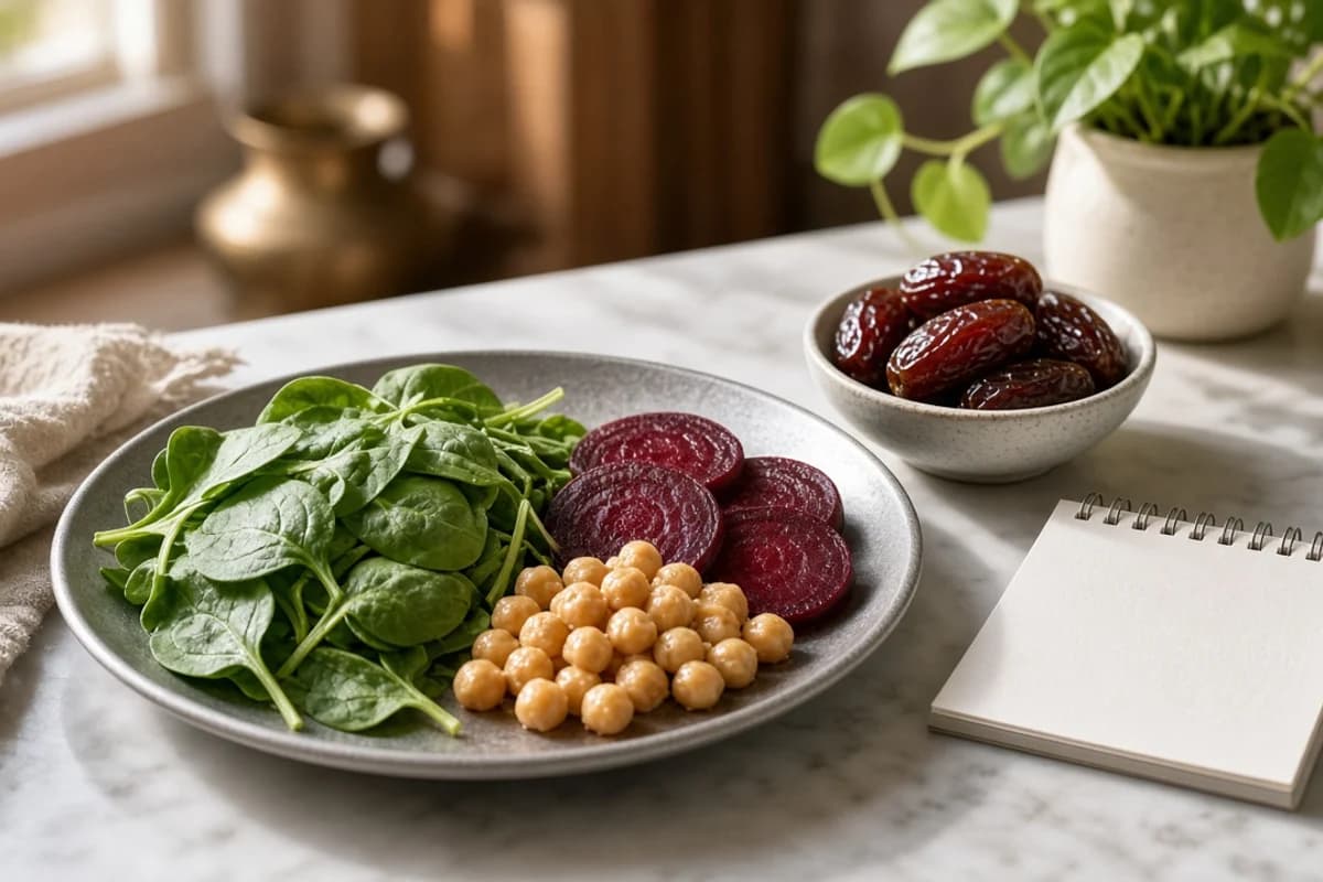 A plate of fresh spinach, chickpeas and roasted beetroot slices beside a bowl of dates and a small notepad.