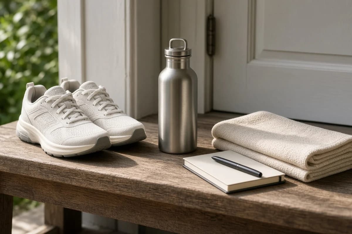 White walking shoes, a steel water bottle, a small notebook with a pen and a folded towel on a wooden bench.