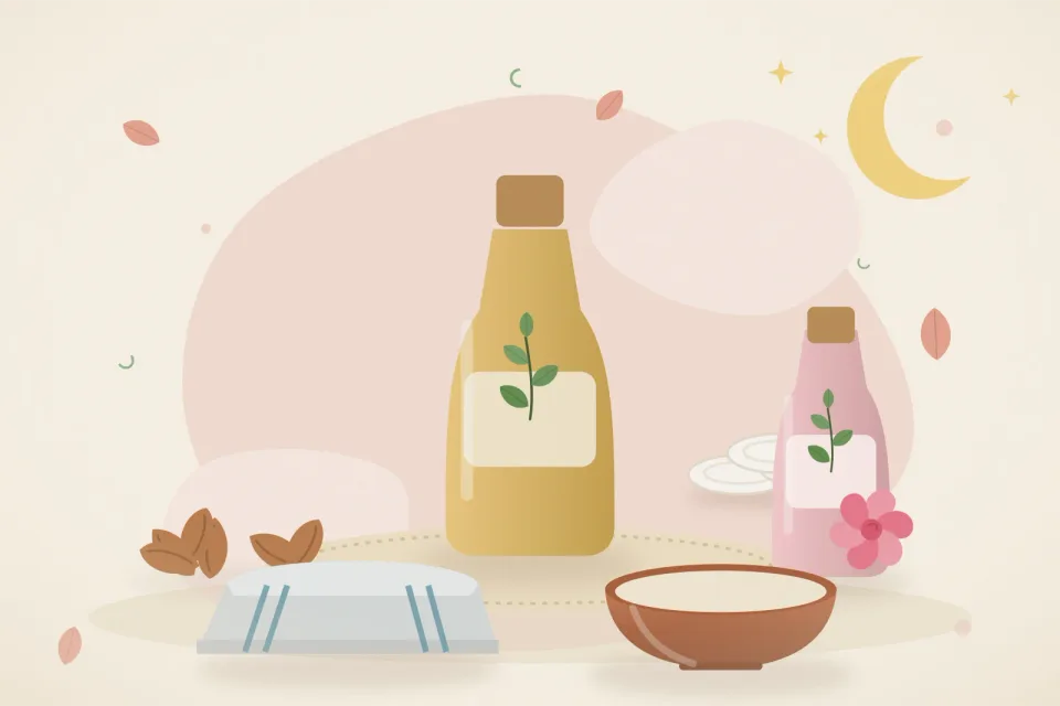 Illustrated still life with almonds, rose water, a folded cloth.