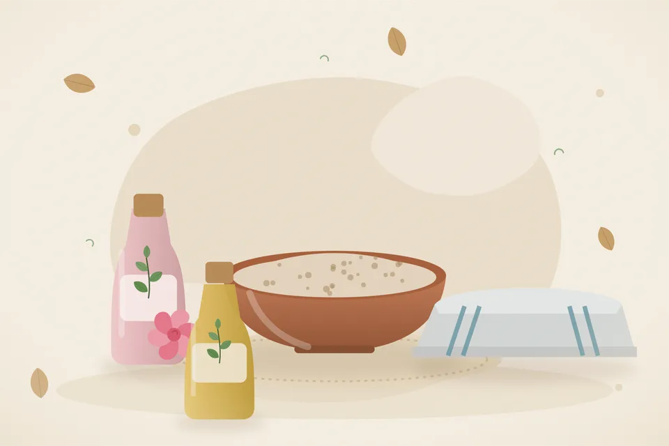 Illustrated still life with rose water, a folded cloth.