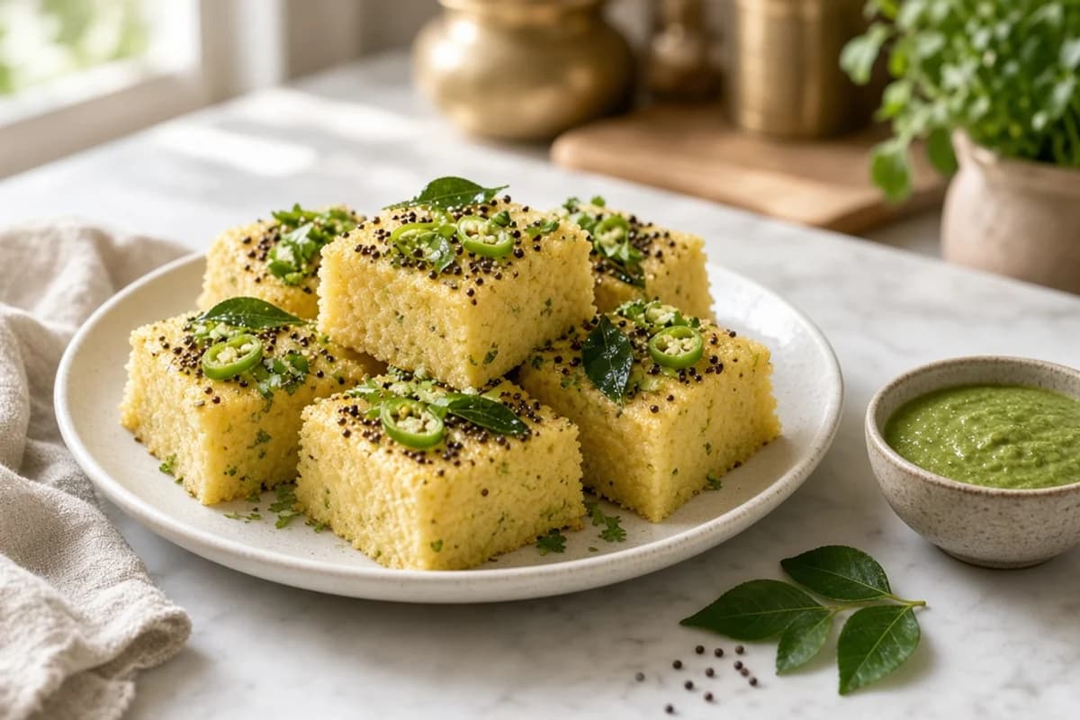 Yellow dhokla squares with mustard seed and green chilli tempering beside a bowl of green chutney.