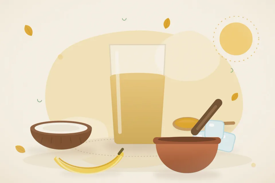 Illustrated still life with coconut, ice, banana.