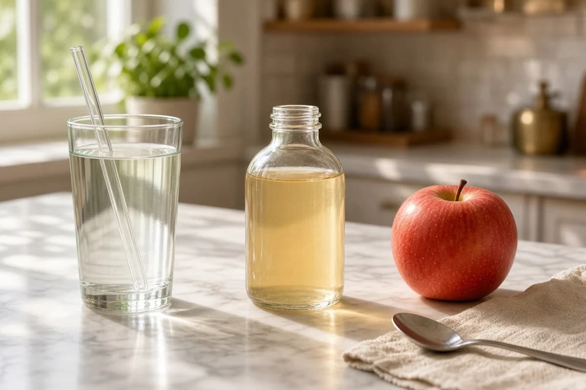 A tall glass of water with a straw, a small bottle of apple cider vinegar and a red apple.
