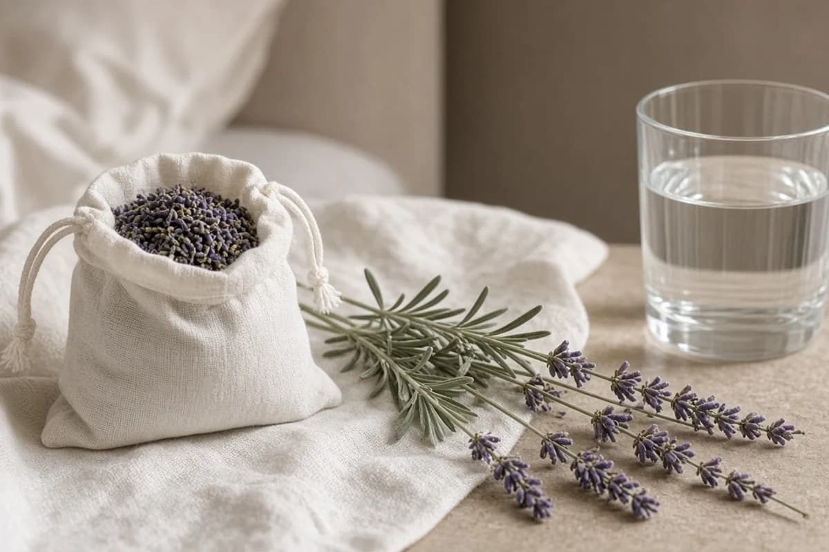 A small cotton sachet of dried purple lavender buds with loose lavender stems and a glass of water on linen.