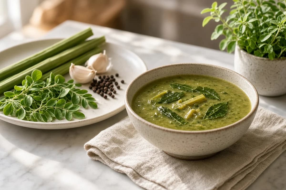 A bowl of green drumstick leaf soup beside moringa leaves, drumstick pieces, garlic and pepper.