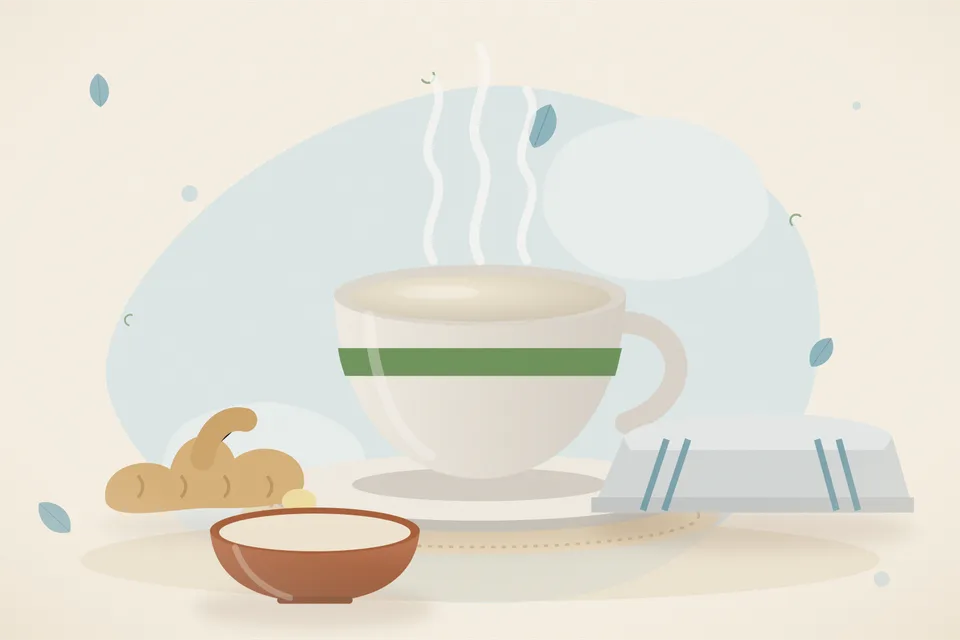 A small cup of warm milk beside a tiny mound of dry ginger powder and a wooden spoon on a kitchen table.