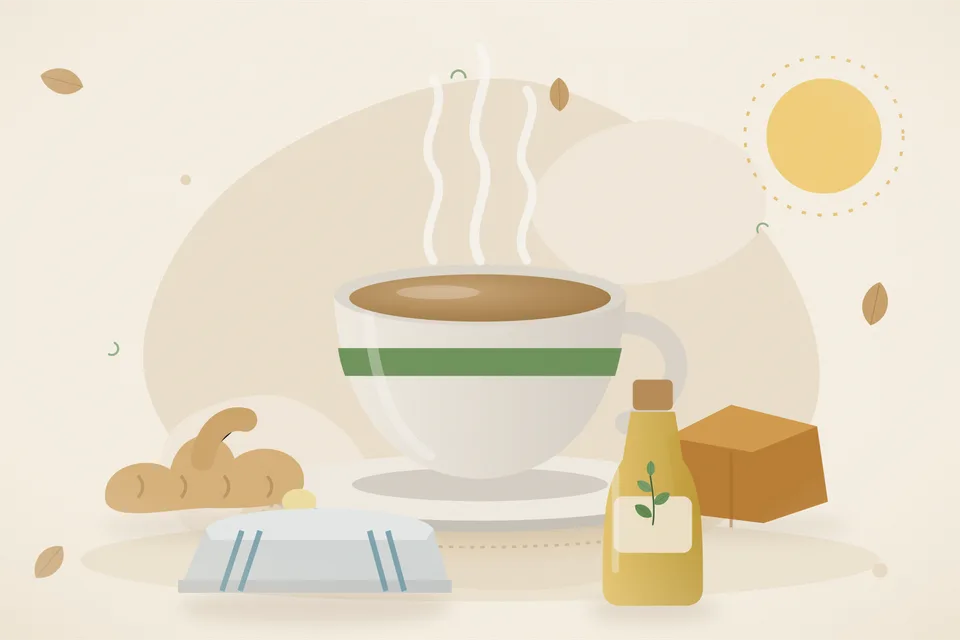 Dry ginger pieces, a small lump of jaggery and a brass cup of pale tea on a wooden board