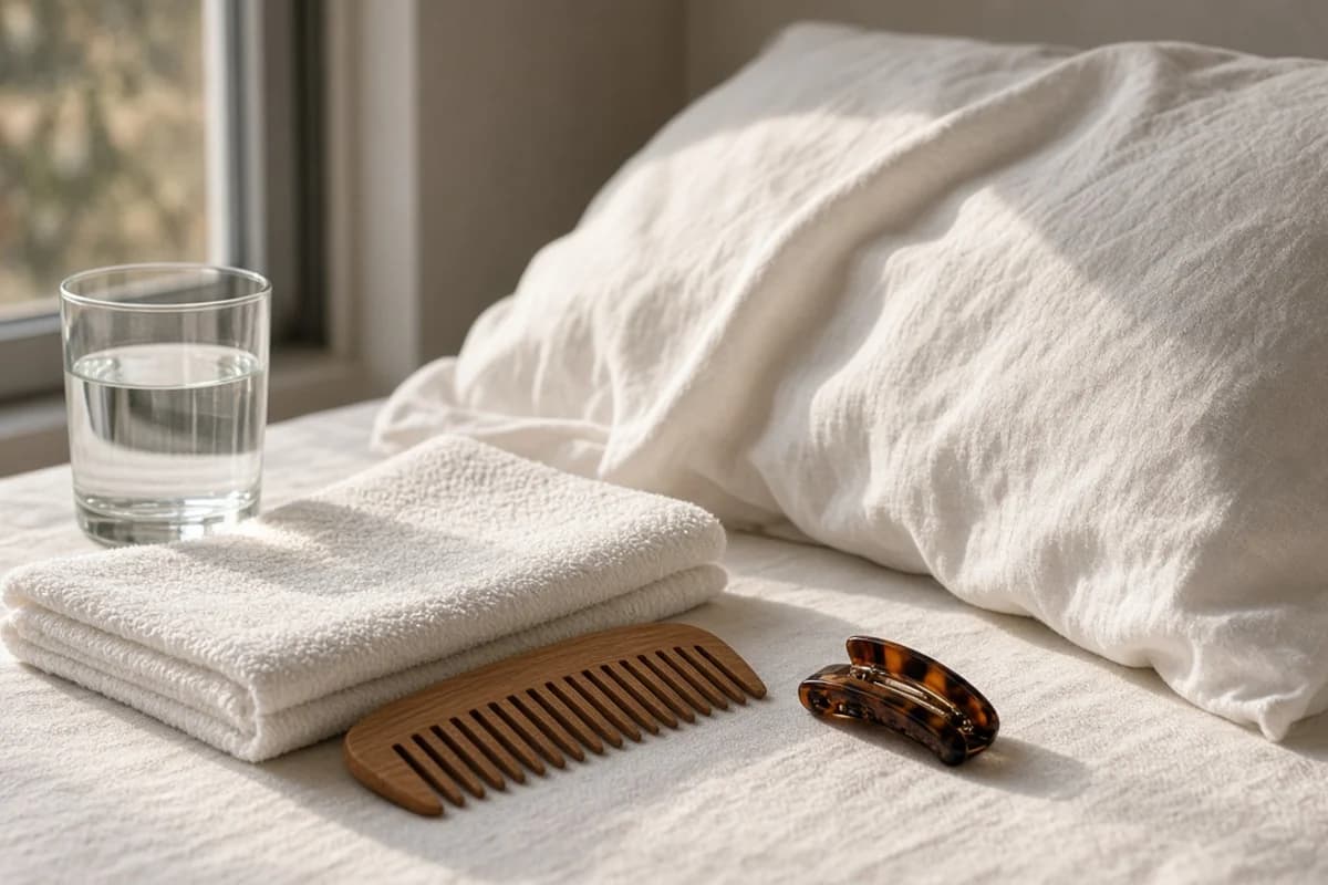 A white bed with a pillow, a folded towel, a wooden comb, a hair clip and a glass of water.
