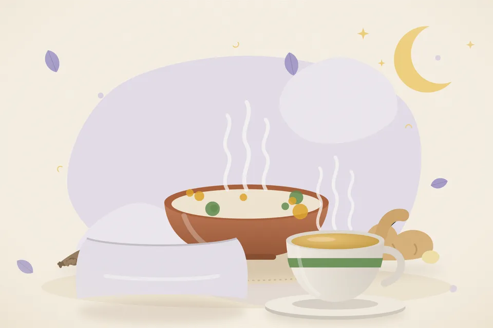 A bowl of thin yellow moong soup with cumin seeds and a slice of ginger on a side plate in a kitchen.