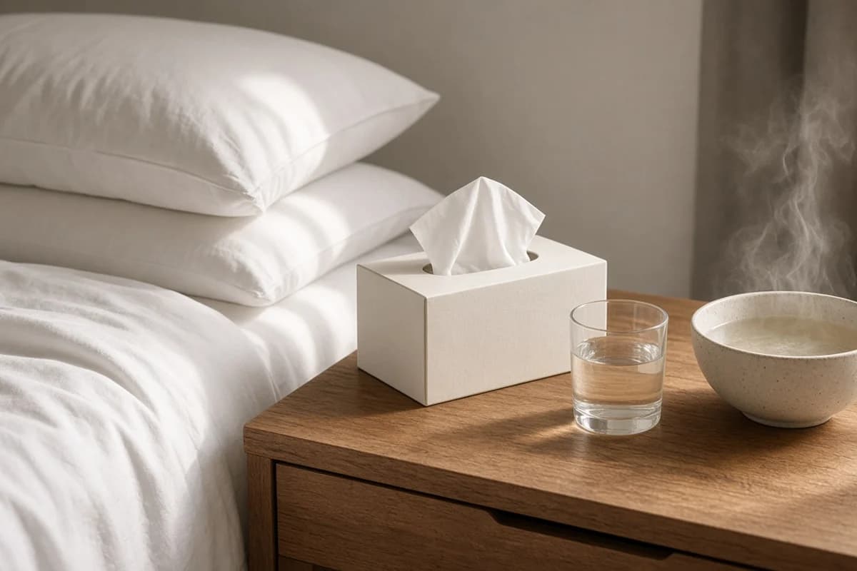 Two stacked white pillows on a bed beside a nightstand with tissues, a glass of water and a steaming bowl.