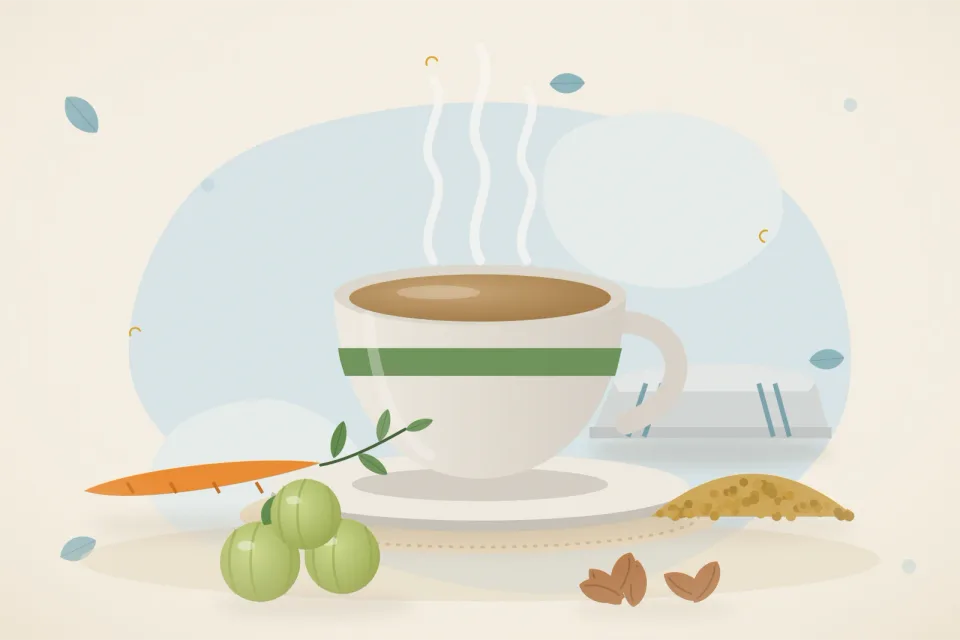 Illustrated still life with carrot, fenugreek seeds, amla, almonds.