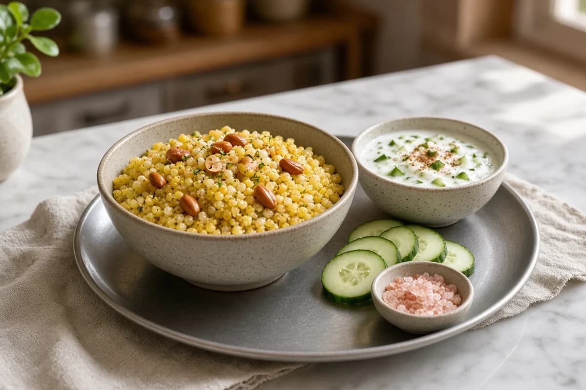 Sabudana khichdi topped with peanuts, with a bowl of cucumber raita, cucumber slices and rock salt on a plate.