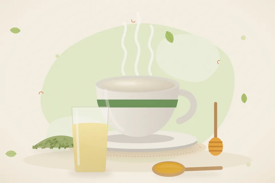 Illustrated still life with fennel seeds, honey.