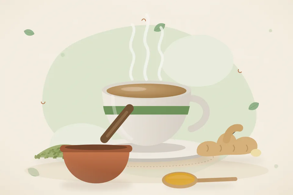 Illustrated still life with fennel seeds, fresh ginger.