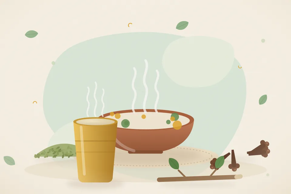 A small steel bowl of fennel seeds with a single clove on a ceramic dish on a kitchen table.