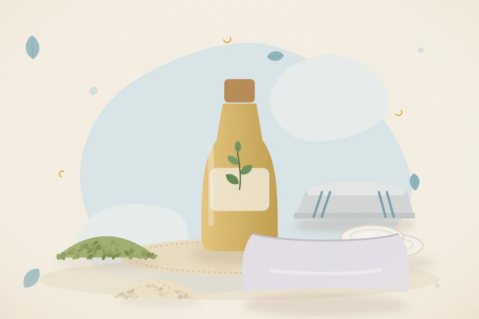 Illustrated still life with fennel seeds, cotton pads, sesame seeds, a soft pillow.