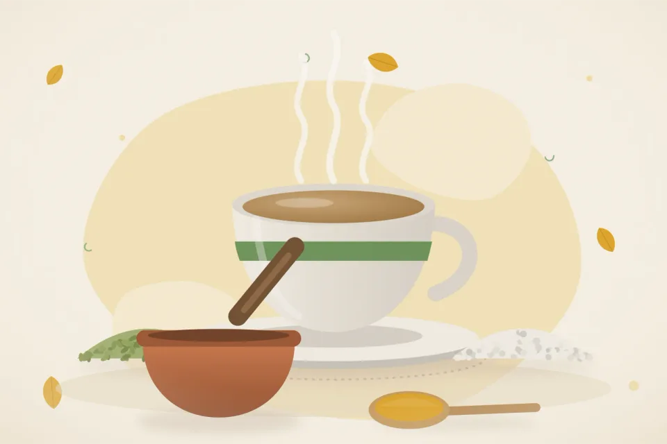 Illustrated still life with fennel seeds, mishri crystals.