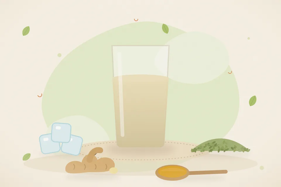 Illustrated still life with ice, fennel seeds, fresh ginger.