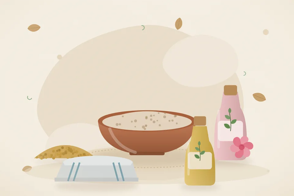 Illustrated still life with fenugreek seeds, rose water, a folded cloth.
