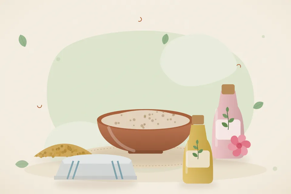 Illustrated still life with fenugreek seeds, rose water, a folded cloth.