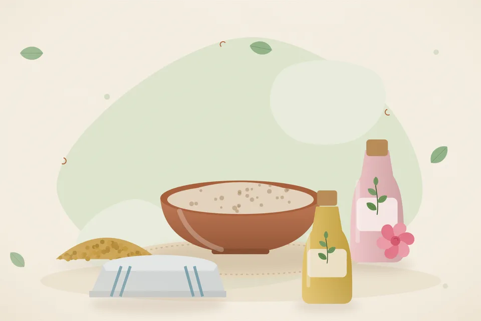 Illustrated still life with fenugreek seeds, rose water, a folded cloth.