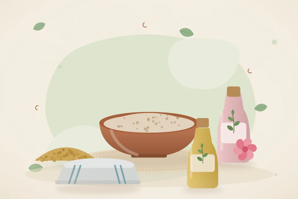 Illustrated still life with fenugreek seeds, rose water, a folded cloth.