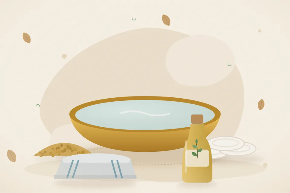 Illustrated still life with fenugreek seeds, cotton pads, a folded cloth.