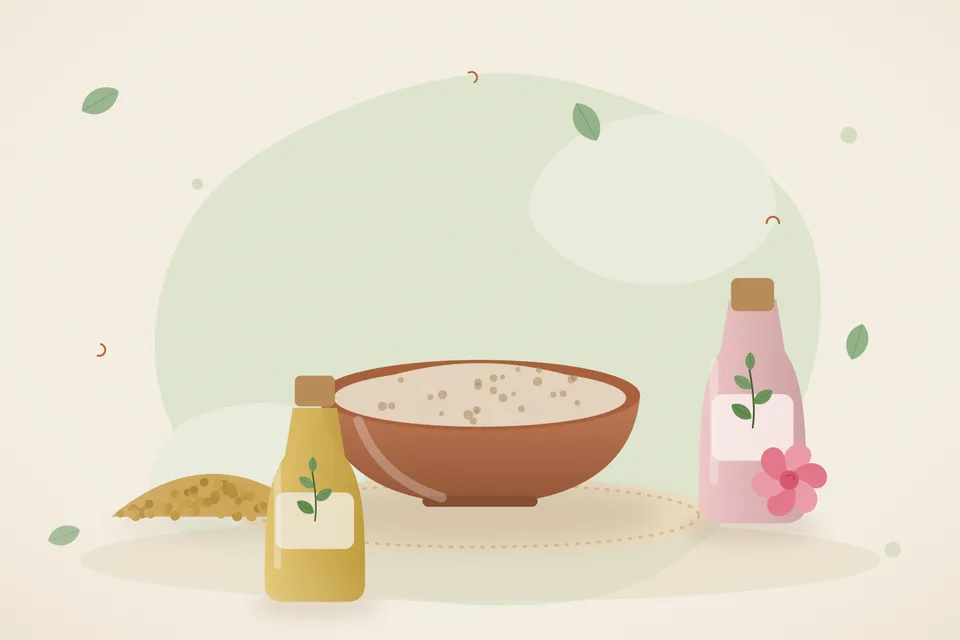 Illustrated still life with fenugreek seeds, rose water.