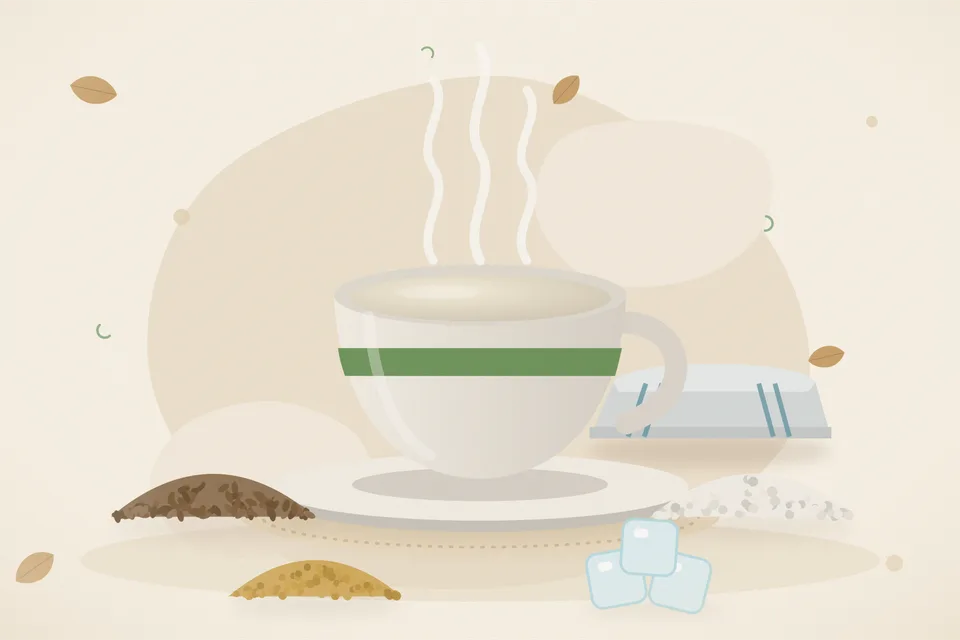 Illustrated still life with cumin seeds, rock salt, fenugreek seeds, ice.