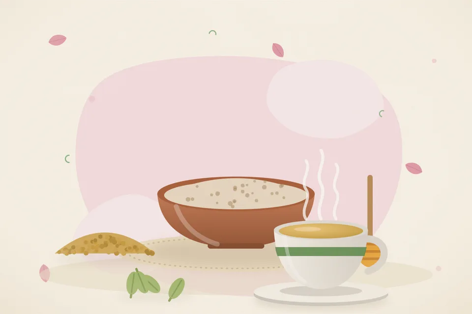 Illustrated still life with fenugreek seeds, honey, cardamom.