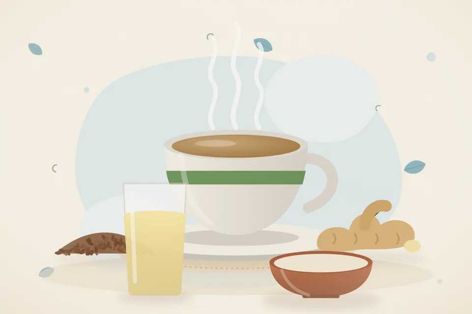 Illustrated still life with flaxseeds, fresh ginger.