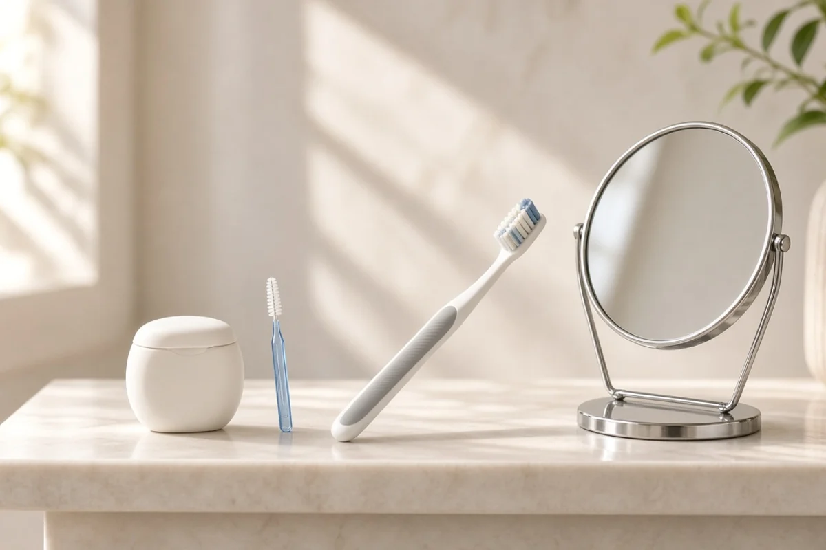 A container of dental floss beside a small blue interdental brush, a toothbrush and a small round mirror.