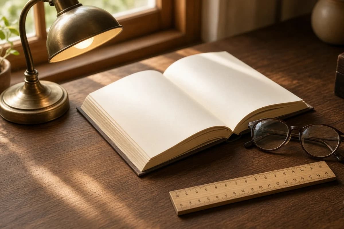 An open book, eyeglasses and a ruler on a wooden desk by a window with a lamp.