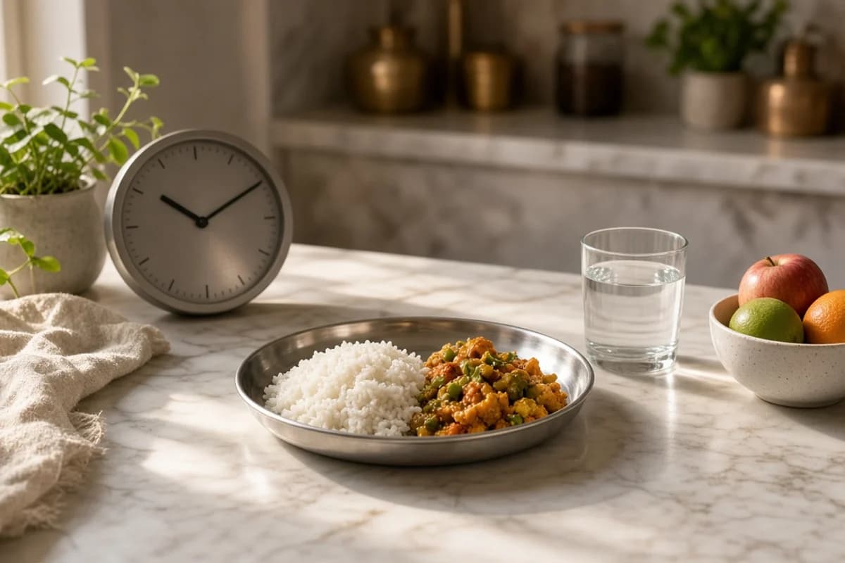 A steel plate of rice and vegetable sabzi beside a round wall clock and a glass of water.
