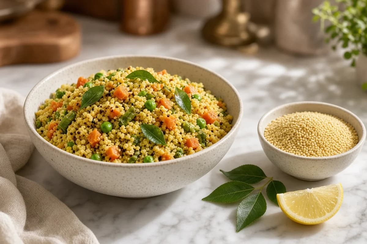 A bowl of golden millet upma with vegetables and curry leaves, a bowl of raw millet and a lemon wedge.