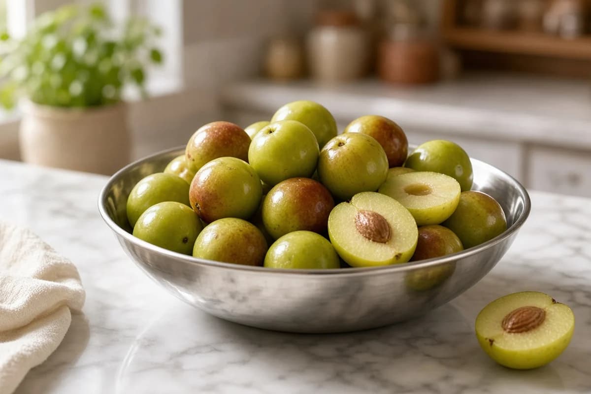 A steel bowl of fresh round green and reddish ber fruits, with one cut in half to show the stone.
