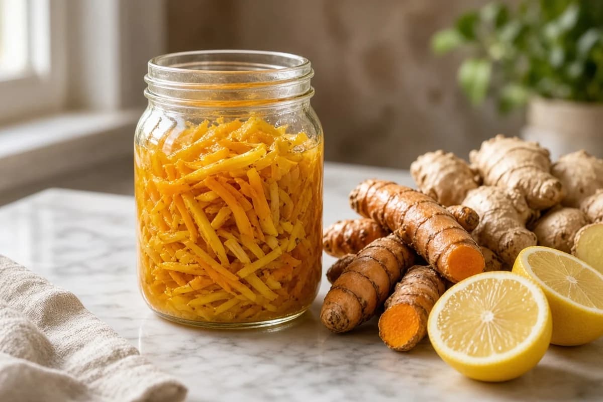 A glass jar of thin yellow turmeric and ginger pickle beside fresh turmeric, ginger and lemon halves.