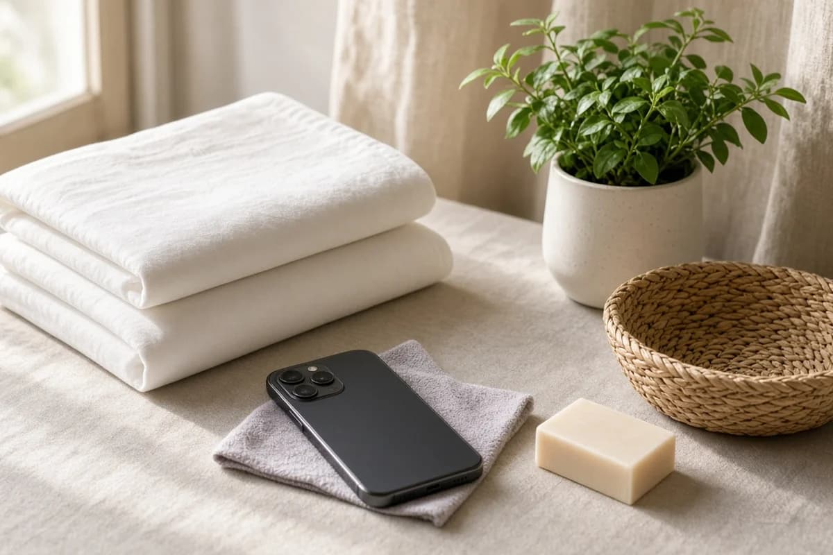Folded white towels, a phone on a grey cloth, a bar of soap, a small basket and a potted plant.