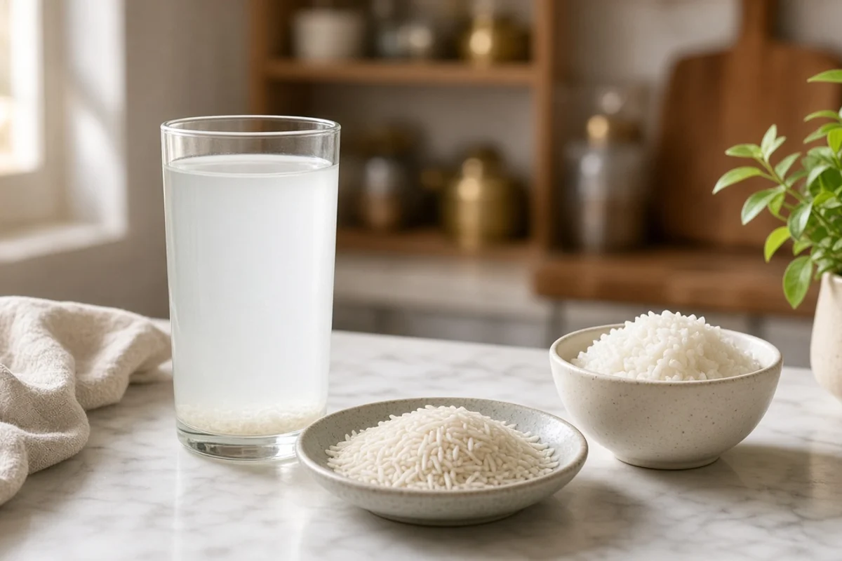 A tall glass of cloudy rice water beside plates of uncooked rice.
