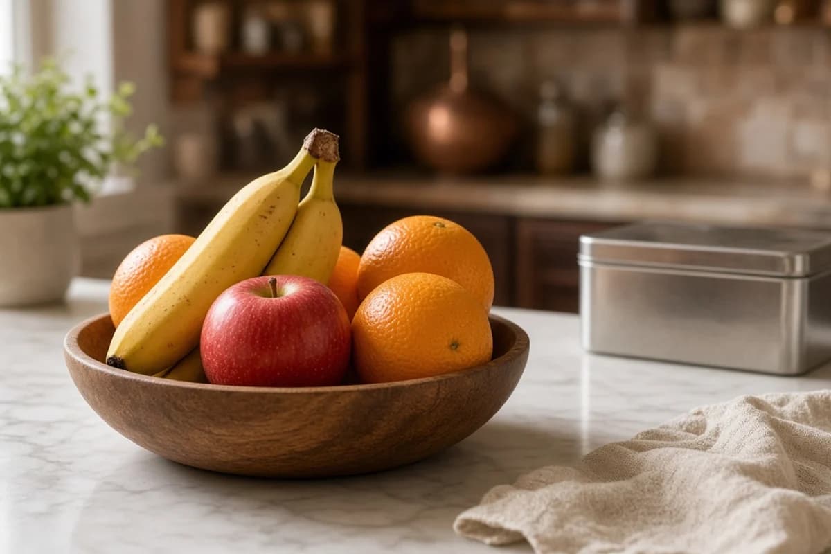 A wooden bowl of fruit with a red apple, oranges and yellow bananas on a marble counter, with a closed steel box behind.