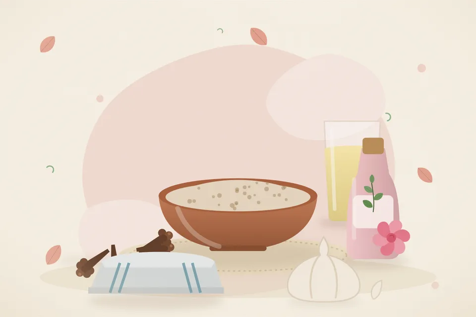 Illustrated still life with cloves, rose water, a folded cloth, garlic.