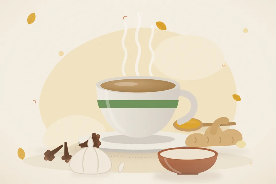 Illustrated still life with cloves, fresh ginger, garlic.