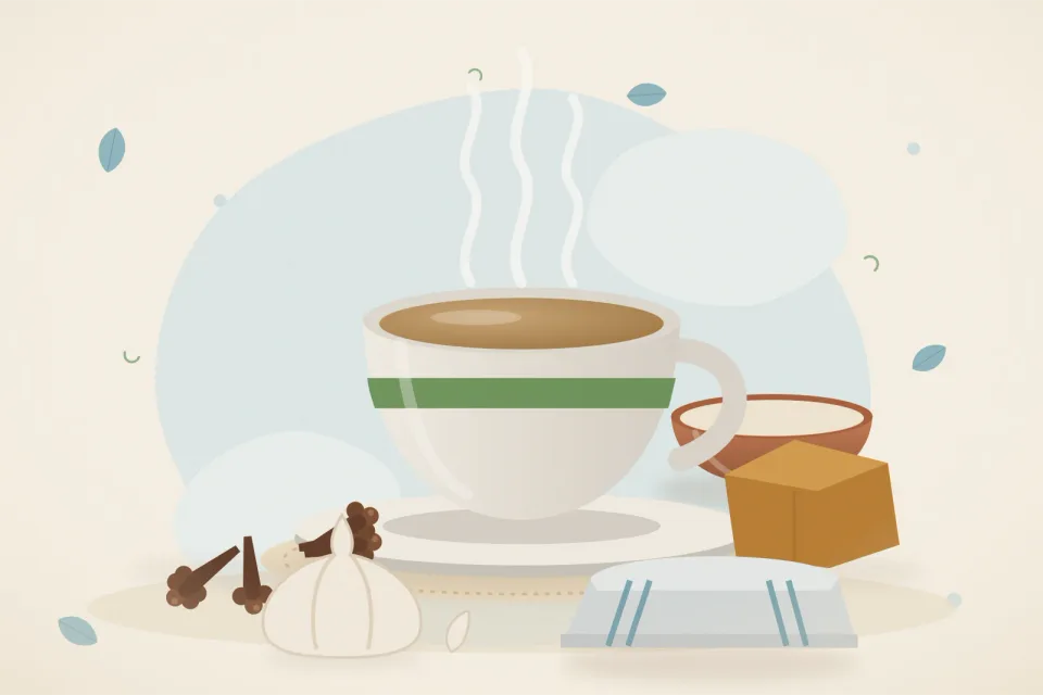 Illustrated still life with cloves, jaggery, garlic.