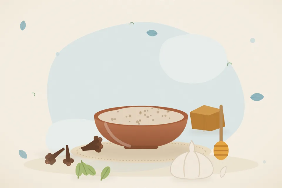 Illustrated still life with cloves, honey, cardamom, garlic, jaggery.