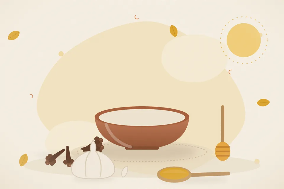 Illustrated still life with cloves, honey, garlic.