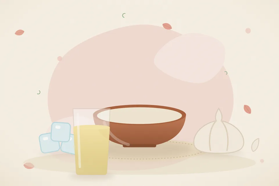 Illustrated still life with ice, garlic.